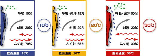 壁や床・天井の表面温度によって異なるからだからの熱放出についての説明図です。