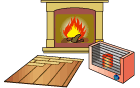 ふく射式暖房である暖炉、電気ストーブ、床暖房の画像です。